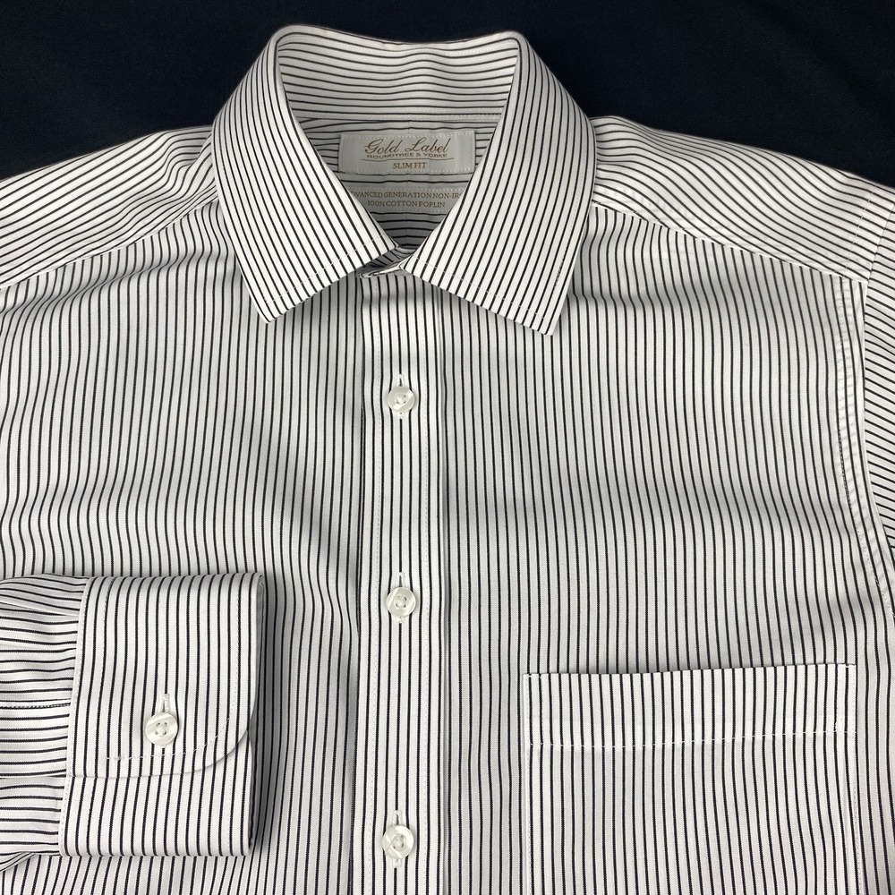Roundtree & Yorke Gold Label Shirt Mens 14.5-32 White w/Black Stripes Slim‎ Fit